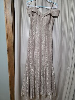 R&M Richards Lace Off-Shoulder Mermaid Gown in Taupe. NWOT